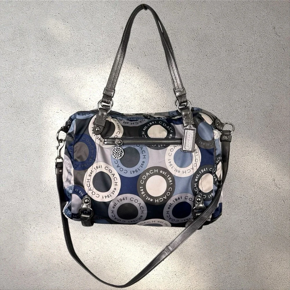 Coach Snaphead AOP Art Poppy‎ Sateen Alexandra Satchel Blue Crossbody Hand Bag